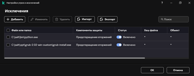 Рисунок 7 – Добавленные исключения